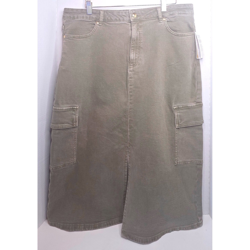 Michael Michael Kors Olive Cargo Midi Skirt Front Slit Denim Size 14 QT470G5E9U
